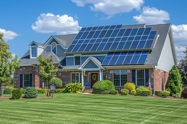 Modernes nachhaltiges Haus mit Solarpanelen auf dem Dach