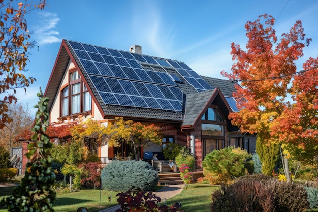 Modernes nachhaltiges Haus mit Solarpanelen auf dem Dach