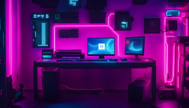 Modernes Neonzimmer mit Schreibtisch und PC-Bildschirmen