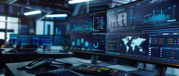 Modernes Netzwerk-Betriebszentrum mit leuchtenden Monitoren und Datenanalyse