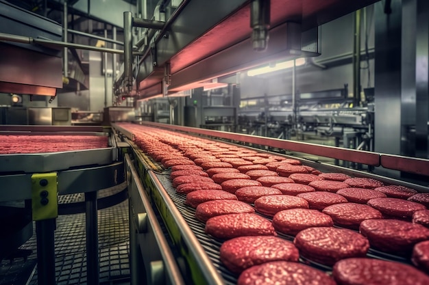 Modernes ökologisches BioPrint-Fleischfabrik-Conveyor-System für fertige Rindfleisch-Hamburger-Koteletten KI