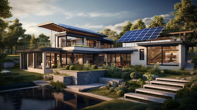 Modernes ökologisches Haus mit Sonnenkollektoren Generative KI