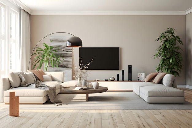 Modernes, offenes Interieur mit Designersofa und Accessoires im stilvollen Wohndekor Generative AI