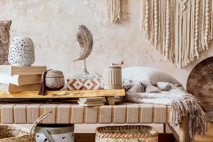 Foto modernes orientalisches wohnzimmer mit beiger design-chaiselongue, schöner makramee, kissen, holztablett, buch, dekoration und eleganten persönlichen accessoires in wohnkultur.