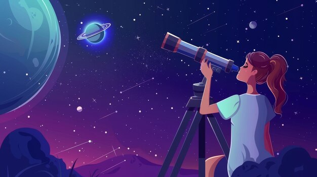 Foto modernes poster eines zeichentrickfilmmädchens, das sterne und planeten durch ein teleskop am nachthimmel beobachtet konzept der wissenschaftlichen entdeckung in der astronomie