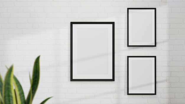 Modernes Poster umrahmt Mockup-Interieur auf weißer Wand mit minimaler Zimmerpflanze im Raum. 3D-Rendering, 3D-Darstellung