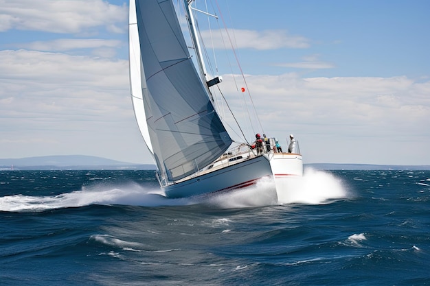 Modernes Rennsegelboot durch das Wasser mit Kielwasser und sichtbaren Segeln, erstellt mit generativer KI