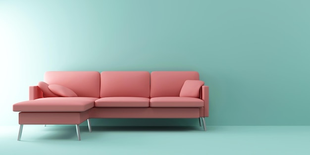 Modernes rosafarbenes Sofa mit verchromten Beinen nahe der Wand auf grünem Studioboden