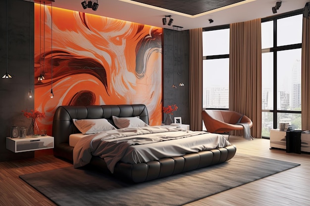 Modernes, sauberes, zeitgenössisches Schlafzimmer-Innendesign, KI-generiert