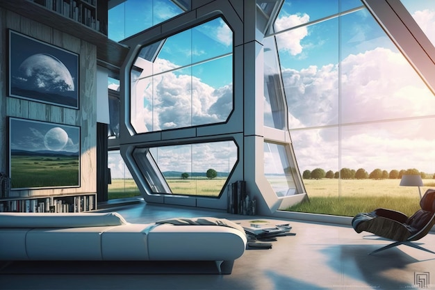 Modernes, schickes Wohnzimmer mit futuristischem Touch, viel natürlichem Licht durch große Fenster und einem komfortablen Ambiente, perfekt zum Entspannen Generative KI