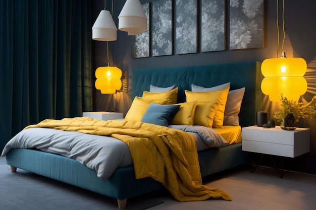 modernes Schlafzimmer elegantes Bettzeug und Möbel gelb und seeblau