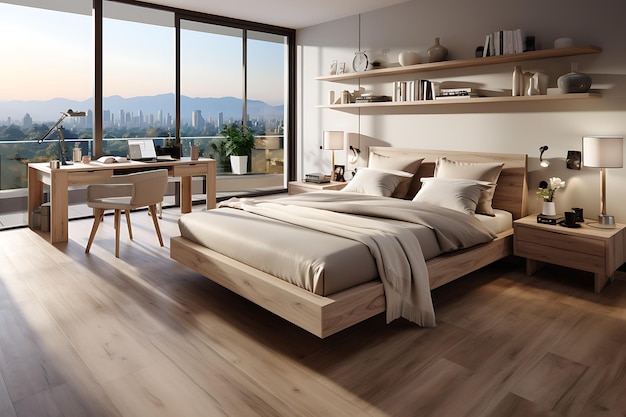 Modernes Schlafzimmer im Loft-Stil mit Gartenblick im tropischen Stil 3D-Rendering