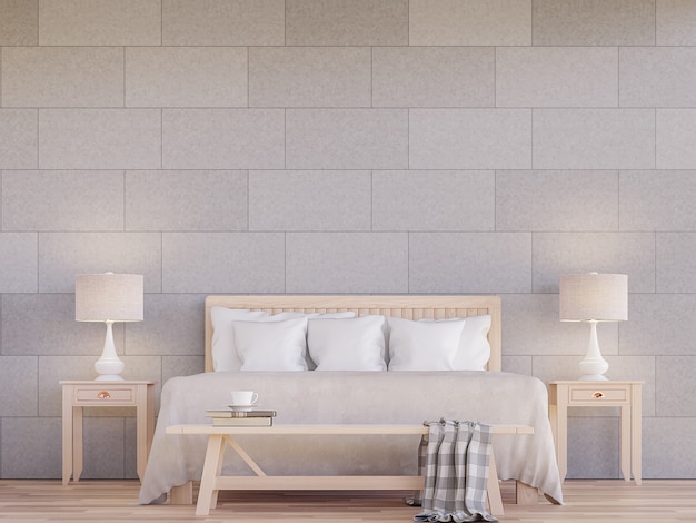 modernes Schlafzimmer Interieur 3D-Render dekorieren Wand mit Betonfliesen im Muster von Ziegeln