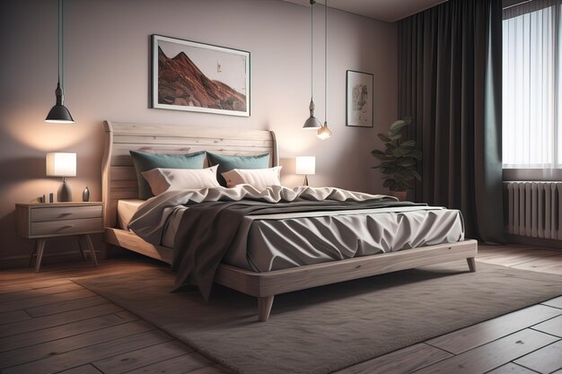 Modernes Schlafzimmer-Interieur mit grauen Wänden, Holzboden, bequemem King-Size-Bett