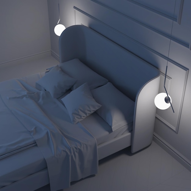 Modernes Schlafzimmer Interieur Nacht Abendbeleuchtung 3D-Rendering