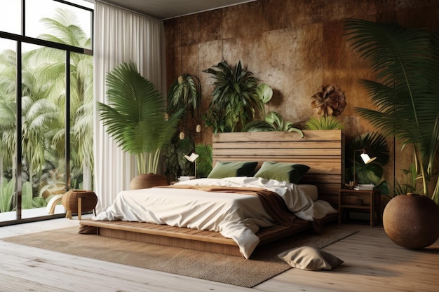 Modernes Schlafzimmer mit Holzboden und großen Fenstern, tropische Pflanzen, generative KI