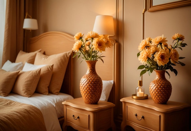 Modernes Schlafzimmer mit Nahaufnahme des Bettschranks Blumenvasen auf dem Bettschrank in der Nähe des Betts