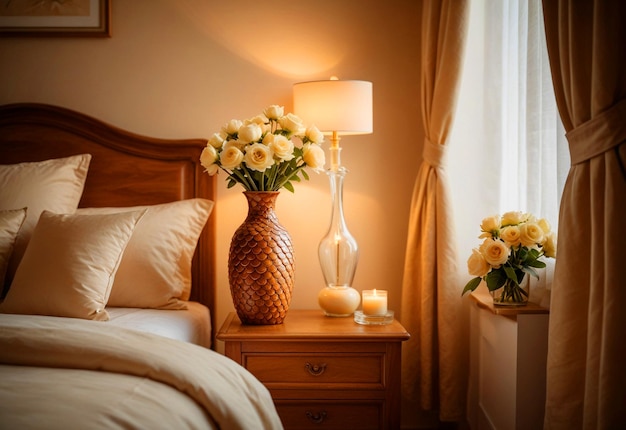 Modernes Schlafzimmer mit Nahaufnahme des Bettschranks Blumenvasen auf dem Bettschrank in der Nähe des Betts