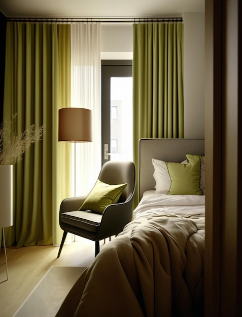 Modernes Schlafzimmer mit pistazienfarbenen Vorhängen