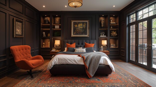 Modernes Schlafzimmer mit warmen orangefarbenen Akzenten und zeitgenössischer Kunst