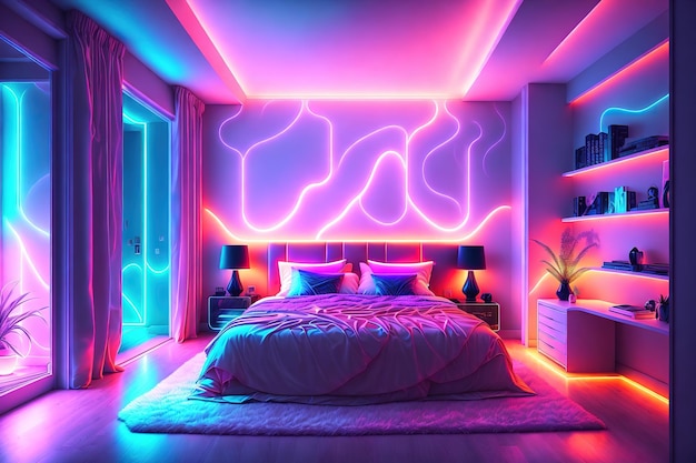 Modernes Schlafzimmerinterieur mit Neonlichtern, die abends leuchten Luxuriöses, stilvolles Apartment