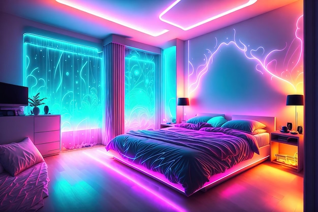 Modernes Schlafzimmerinterieur mit Neonlichtern, die abends leuchten Luxuriöses, stilvolles Apartment