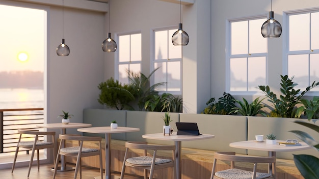 Modernes schönes Café oder Restaurant Sitzbereich Innenarchitektur mit bequemen langen Sofa