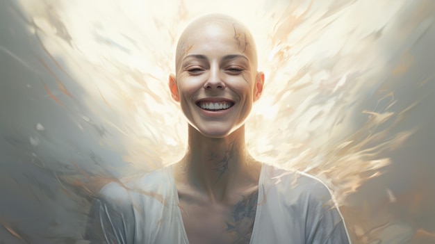 Modernes Schönheitsporträt einer selbstbewussten kahlen Frau, ein Mädchen mit rasiertem Kopf, eine glückliche, starke Frau, die Krebs besiegt hat