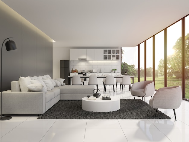 Modernes schwarz-weißes Wohn- und Esszimmer mit Gartenblick