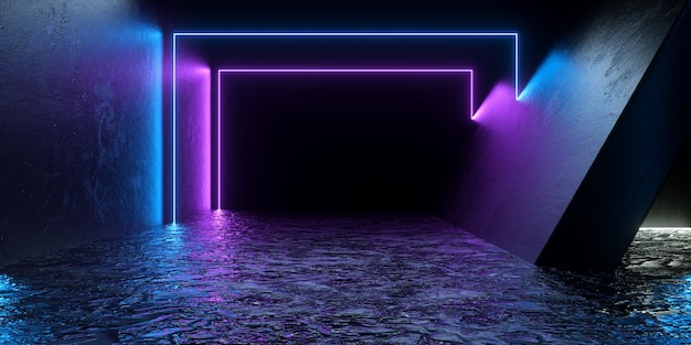 Modernes Sci-Fi-futuristisches Laserlicht leuchtender Tunnel Korridor Eingang Betonwand Grunge Illustration 3D-Rendering