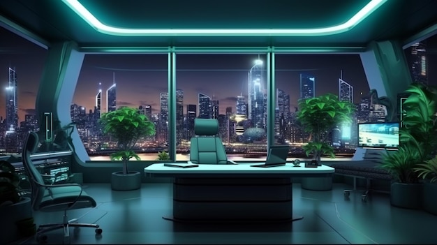 Modernes Scifi-futuristisches Innenbürodesign mit grüner Wandpflanze und schöner Nacht