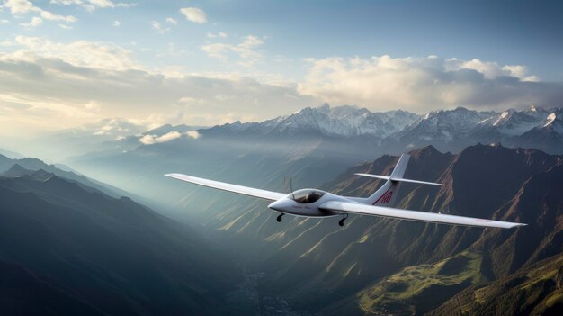 Modernes Segelflugzeug fliegt vor wunderschönem Himmel und Berggipfeln im Hintergrund