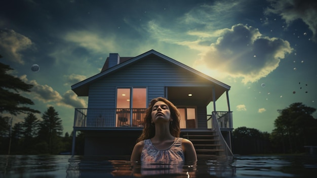 Foto modernes single-lebenstorley-haus mit einer frau, die sich in der badewanne entspannt