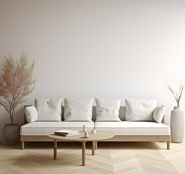 modernes skandinavisches Innendesign, minimalistische Holzmöbel, weißes Sofa, Rattan-Couchtisch