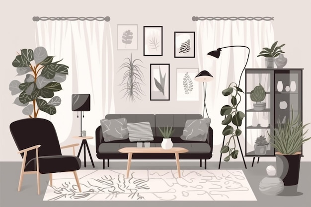 Modernes skandinavisches Interieur des Wohnzimmers mit grauem Design-Sofasessel, vielen Pflanzen, Couchtisch, Teppich und S