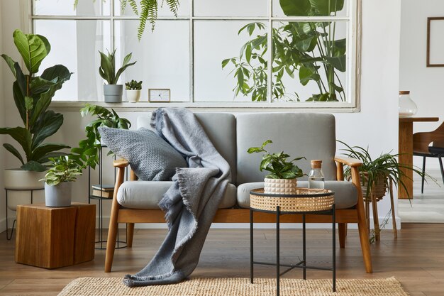 Modernes skandinavisches Wohnzimmer mit grauem Designsofa, Sessel, vielen Pflanzen, Couchtisch, Teppich und persönlichen Accessoires in gemütlicher Wohnkultur. Vorlage.