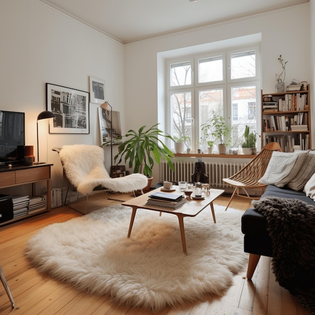 Modernes skandinavisches Wohnzimmerinterieur mit Sofa, Couchtisch und Plakaten