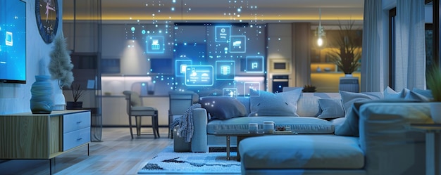 Modernes Smart Home Wohnzimmer mit digitaler Schnittstelle glühende Ikonen bequeme Möbel und Verachtung