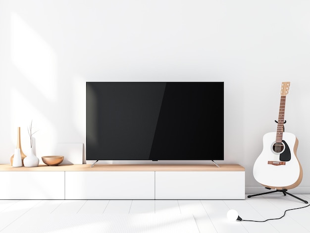 Modernes Smart-TV-Mockup, das auf der Konsole steht Modernes Wohnzimmer mit akustischer Gitarre 3D-Rendering