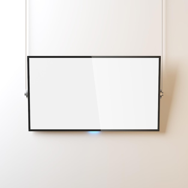 Modernes Smart-TV-Panel Mockup mit weißem Bildschirm, der an der Wand durch Seile 3D-Rendering hängt