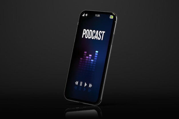 Modernes Smartphone auf schwarzem Hintergrund mit 3D-Rendering des Podcast-Bildschirms