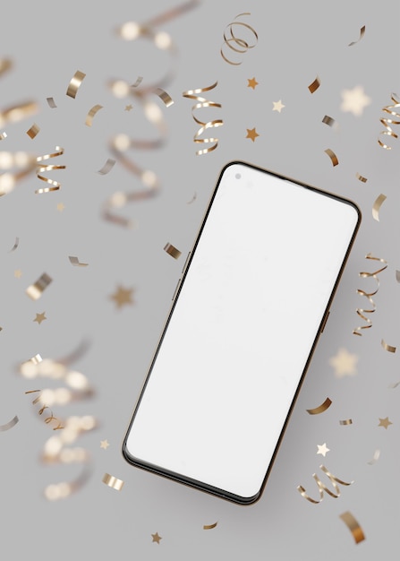 Modernes Smartphone-Mockup mit leerem Bildschirm, umgeben von festlichen goldenen Konfetti, perfekt für App-Promotion, Feierthemen, Überraschung, Glückwunsch, Urlaub, grauer Hintergrund, vertikales 3D-Format