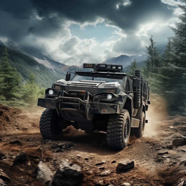 Foto modernes spezielles offroad-mehrzweckpanzerfahrzeug armee detaillierte realistische illustration mit naturhintergrund