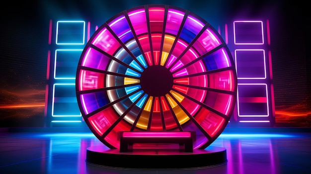 Modernes Spiele-Show-Rad mit Neonsegmenten auf einer eleganten Bühne mit dynamischer LED-Beleuchtung