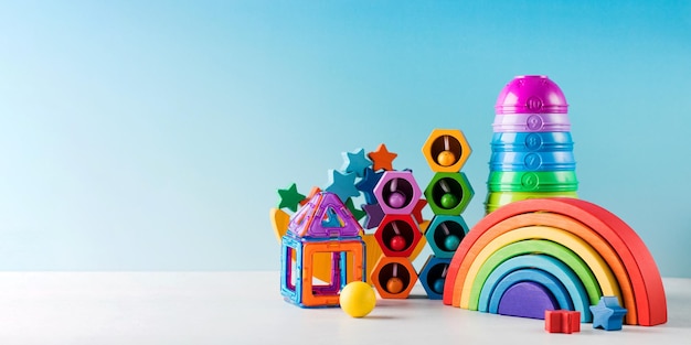 Modernes Spielzeug für Spiele und frühkindliche Entwicklung auf blauem Hintergrund Ausrüstung für den Kindergarten Kopierbereich