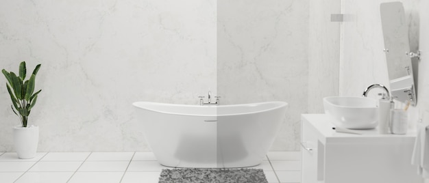 Modernes, stilvolles Badezimmer mit Luxusbadewanne, Keramikwaschbecken und Wasserhahn auf der Theke, Spiegel, Zimmerpflanze auf weißem Fliesenboden und Marmorwand, 3D-Rendering, 3D-Darstellung