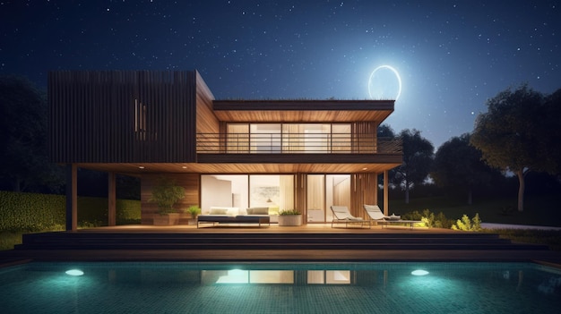 Modernes, stilvolles Haus mit großen Fenstern und einem Swimmingpool im Vordergrund bei Nacht im Mondschein