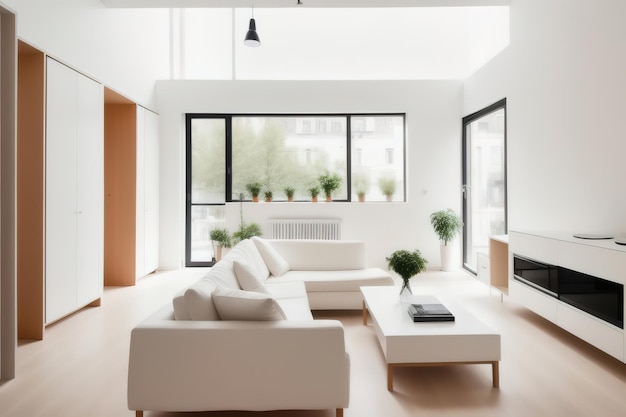 Modernes stilvolles skandinavisches Wohnraumdesign in minimalistischem Interieur Sanfte Lichtfarben