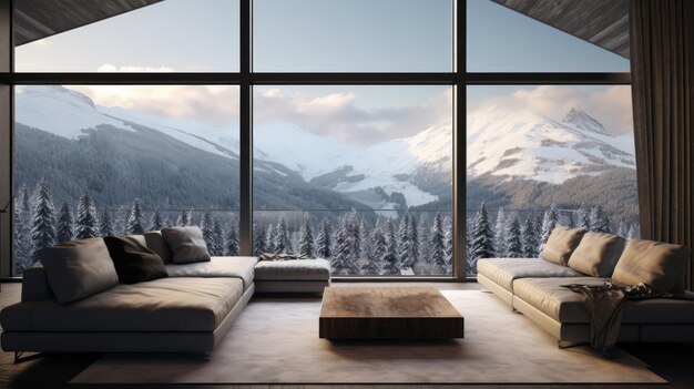 Foto modernes, stilvolles wohnzimmer mit großen fenstern und blick auf die winterlandschaft