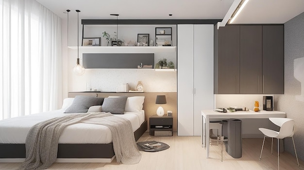 Modernes Studio-Apartment-Design mit Schlafzimmer und Wohnraum